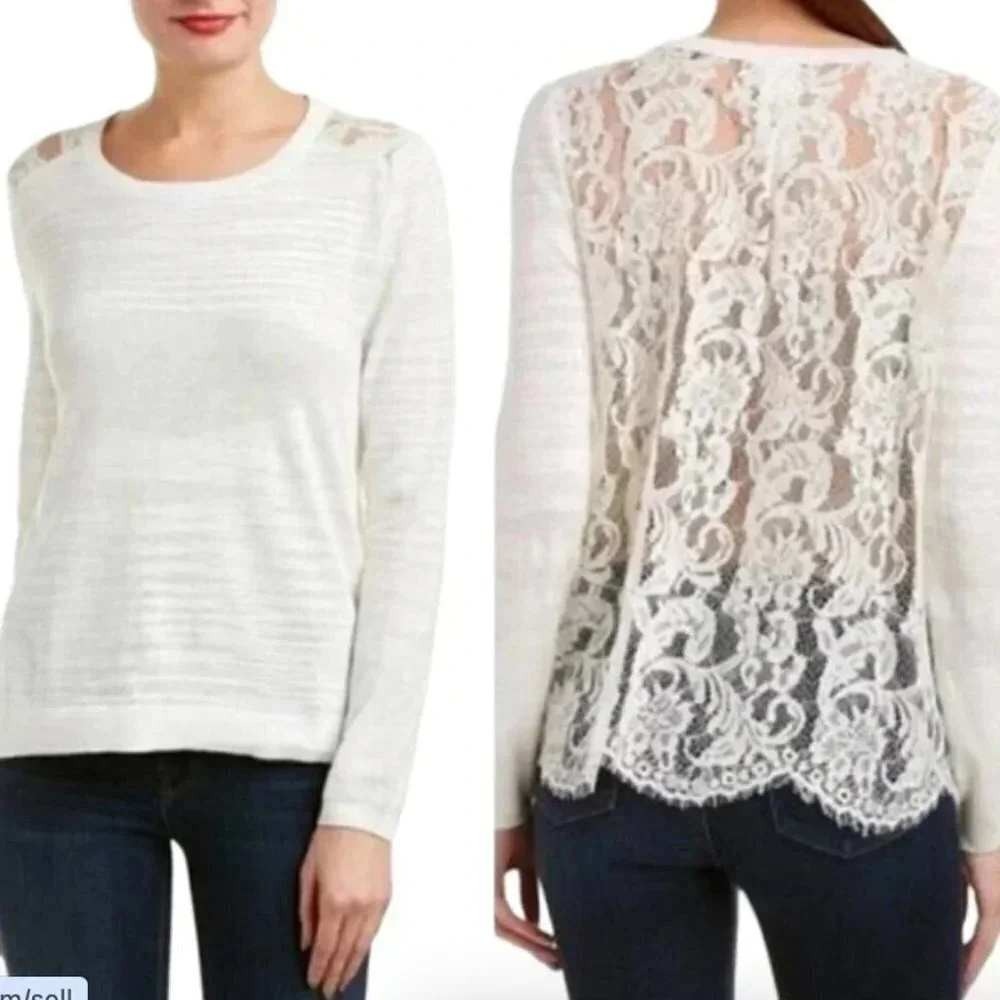 Cabi Lace Back Sweater Womens Medium White Excellent Mixed Media Slub Knit Lace